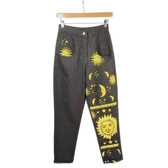 Vintage 90s Celestial Sun Moon Star Jeans | Witchy Boho High Waisted l Small - Picture 1 of 10